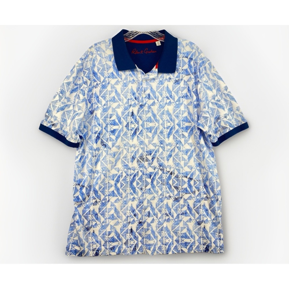 Robert Graham Polo Shirt Men L Blue Short Sleeve Geometric Classic Fit Everyday